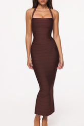 burnt sugar halter neck bandage maxi dress