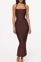 burnt sugar halter neck bandage maxi dress