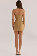 gold shimmer strapless v waist bandage mini dress
