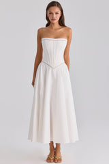 white cotton strapless maxi dress