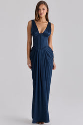 navy satin corset maxi dress