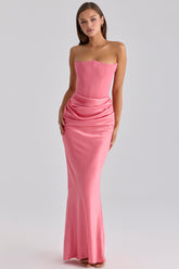 raspberry satin + crepe strapless corset maxi dress