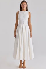 white boat neck button front cotton maxi dress