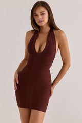 burnt sugar deep v halter mini bandage dress