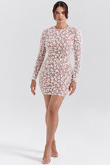 white floral appliqué backless mini bridal gown