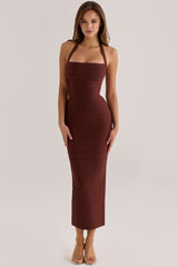 burnt sugar halter neck bandage maxi dress