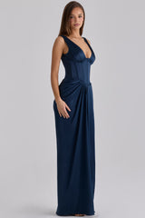 navy satin corset maxi dress