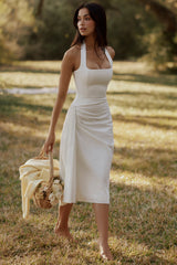 white halter neck cotton midi dress