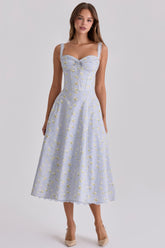 blue wildflower floral print midi dress