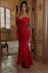 red hand beaded embellished satin maxi dress - limited edition