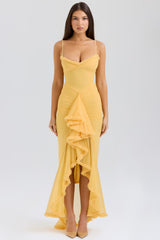 apricot ruffled front gown