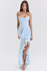 ice blue mesh ruffled front gown