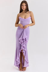 orchid mesh ruffled front gown