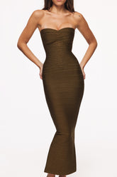 olive shimmer strapless v waist bandage maxi dress