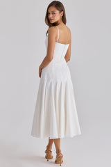 white pleated cotton godet midi dress