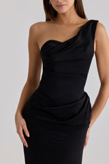 black satin one shoulder maxi dress