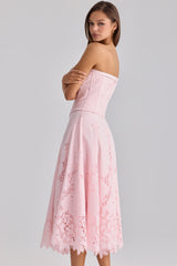 pink strapless custom lace + broderie anglaise midi dress
