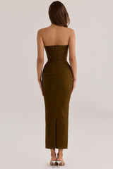 olive shimmer strapless v waist bandage maxi dress