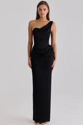 black satin one shoulder maxi dress