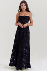 black floral lace back maxi dress
