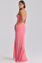 raspberry mesh halter neck waterfall maxi dress