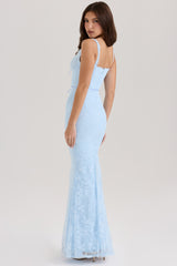 blue lace godet maxi dress