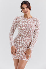 white floral appliqué backless mini bridal gown