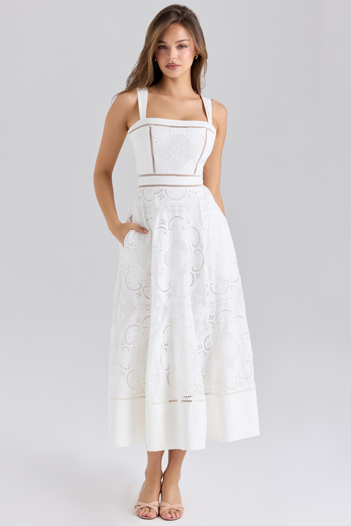 white stretch cotton broderie anglaise midi dress