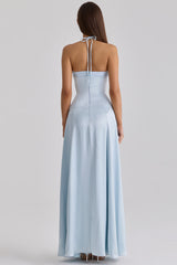 blue satin halter neck godet maxi dress