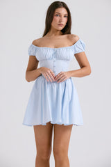 soft blue cotton gathered mini dress