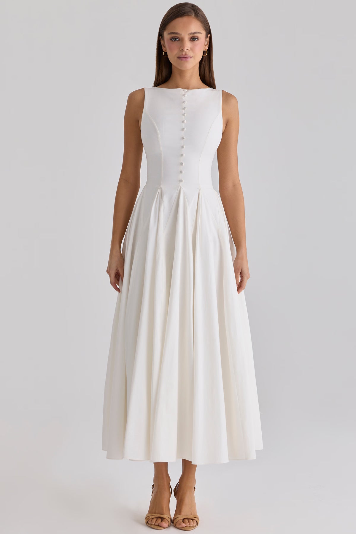 white boat neck button front cotton maxi dress