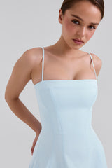 soft blue stretch cotton a-line midi sundress