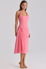 raspberry cotton halter neck midi dress