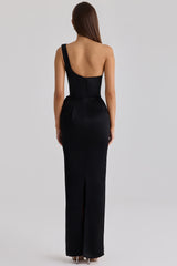 black satin one shoulder maxi dress
