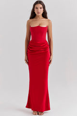scarlet strapless corset maxi dress