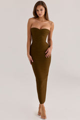 olive shimmer strapless v waist bandage maxi dress