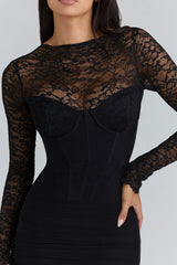 black lace long sleeved corset maxi dress