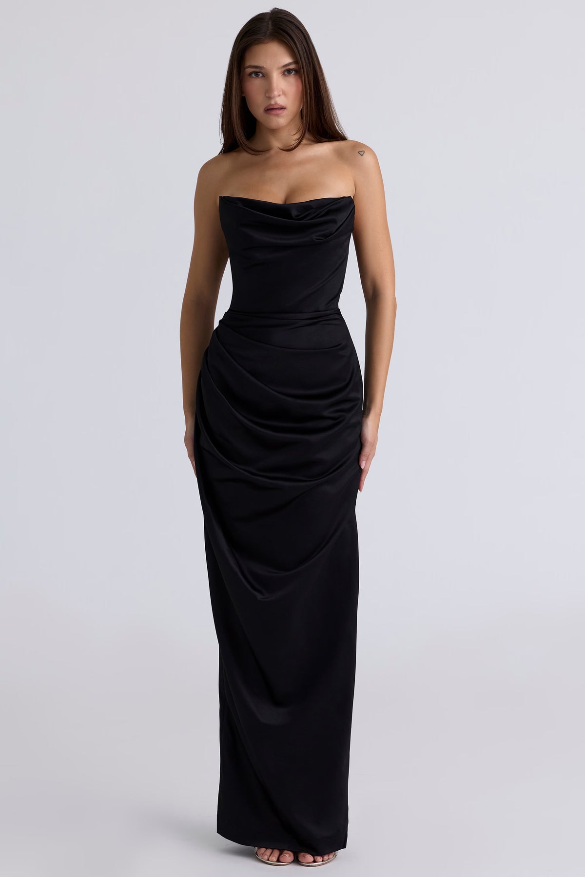 black satin strapless corset maxi