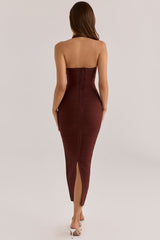 burnt sugar halter neck bandage maxi dress