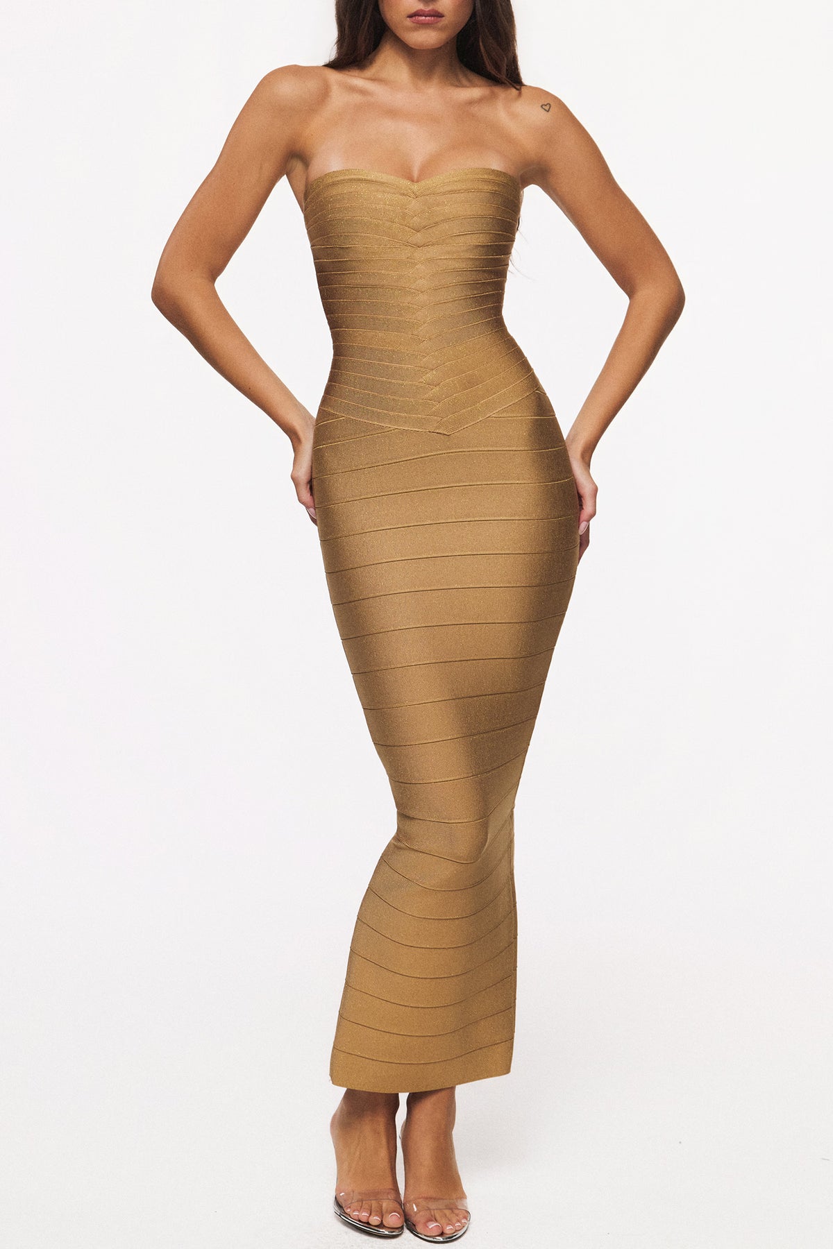 gold shimmer strapless v waist bandage maxi dress
