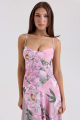 pink floral print lace back maxi dress