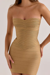 gold shimmer strapless v waist bandage mini dress