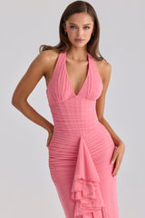 raspberry mesh halter neck waterfall maxi dress