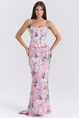 pink floral corset maxi dress
