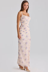 ivory sweet peony print stretch mesh maxi dress