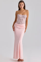 pink lace + satin maxi corset dress