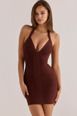 burnt sugar sculpting halter v waist mini bandage dress