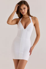true white sculpting halter v waist mini bandage dress