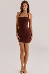 burnt sugar halter neck bandage mini dress