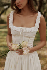 white cotton broderie anglaise trim midi dress